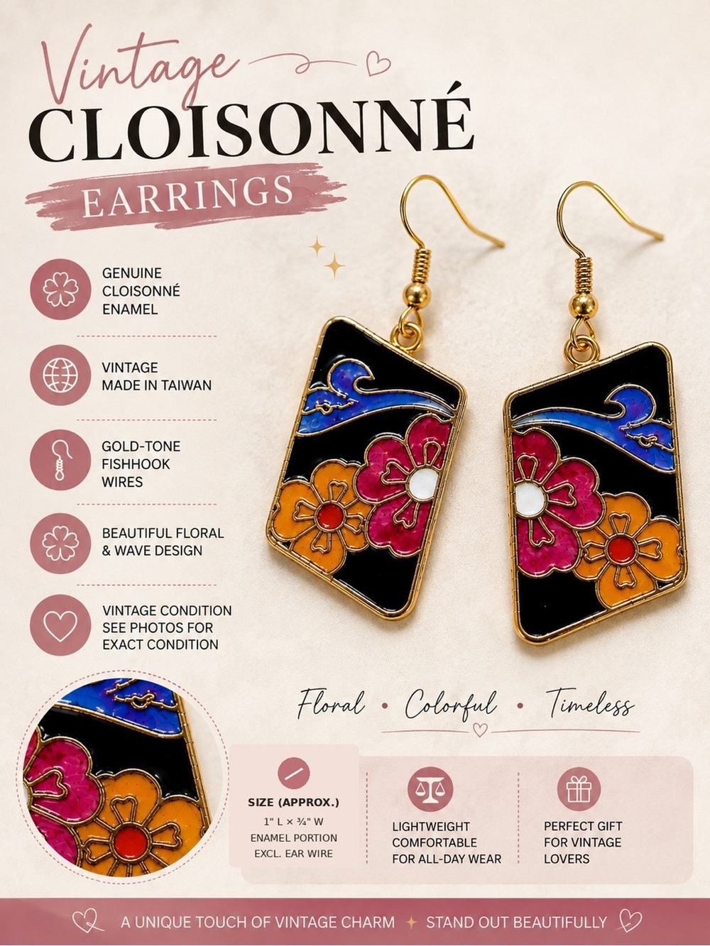Vintage Cloisonné Floral Earrings Made in Taiwan Gold Tone Dangle Hooks - NOS